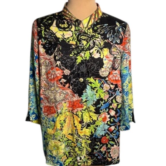 Citron Santa Monica Silk Art Print Blouse Boho Tunic Size S